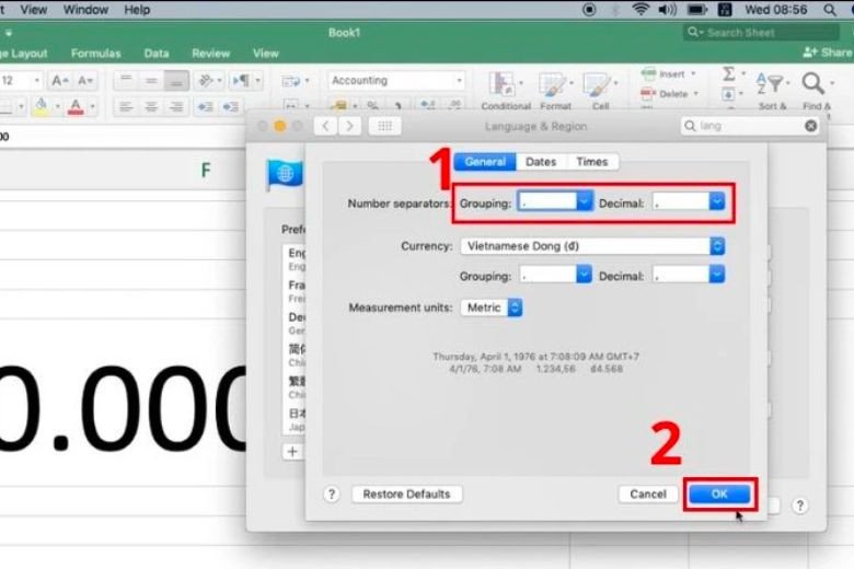 Màn hình Language &amp; Region trên macOS để truy cập cài đặt nâng cao