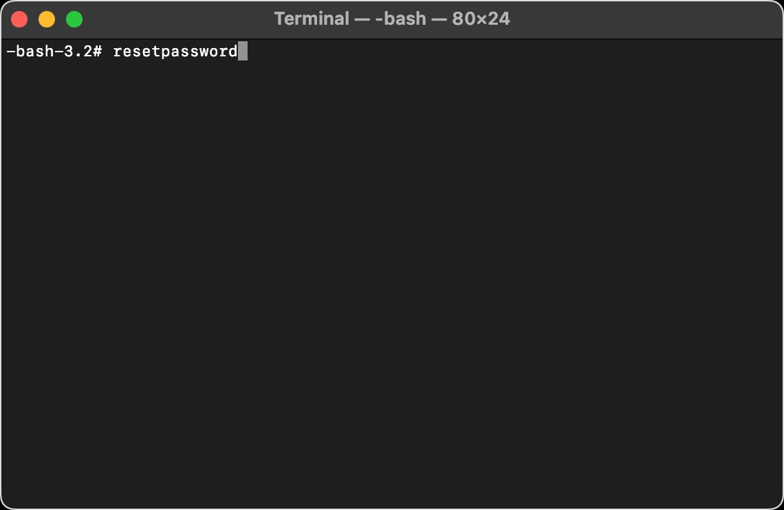 Màn hình Terminal với lệnh resetpassword trên MacBook.