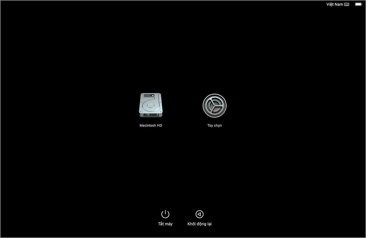 Màn hình tùy chọn khởi động Macbook với biểu tượng bánh răng, chỉ ra lỗi khi truy cập các chế độ nâng cao.