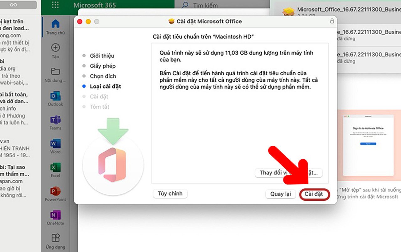 Màn hình xác nhận cài đặt Microsoft 365 với nút Cài đặt trên MacBook