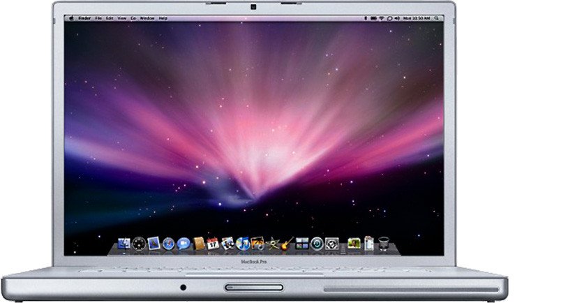 Mặt trước của MacBook Pro 17 inch, phiên bản đầu năm 2008. Đây là một trong những mẫu MacBook Pro có màn hình lớn nhất, cần kiểm tra số serial MacBook Pro để xác định rõ thông số.
