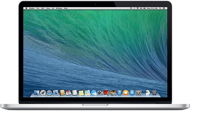 Mặt trước của MacBook Pro Retina 15 inch, ra mắt vào cuối năm 2013. Hình ảnh này là một minh họa rõ ràng khi bạn muốn kiểm tra số serial MacBook Pro để tìm kiếm thông tin về đời máy này.