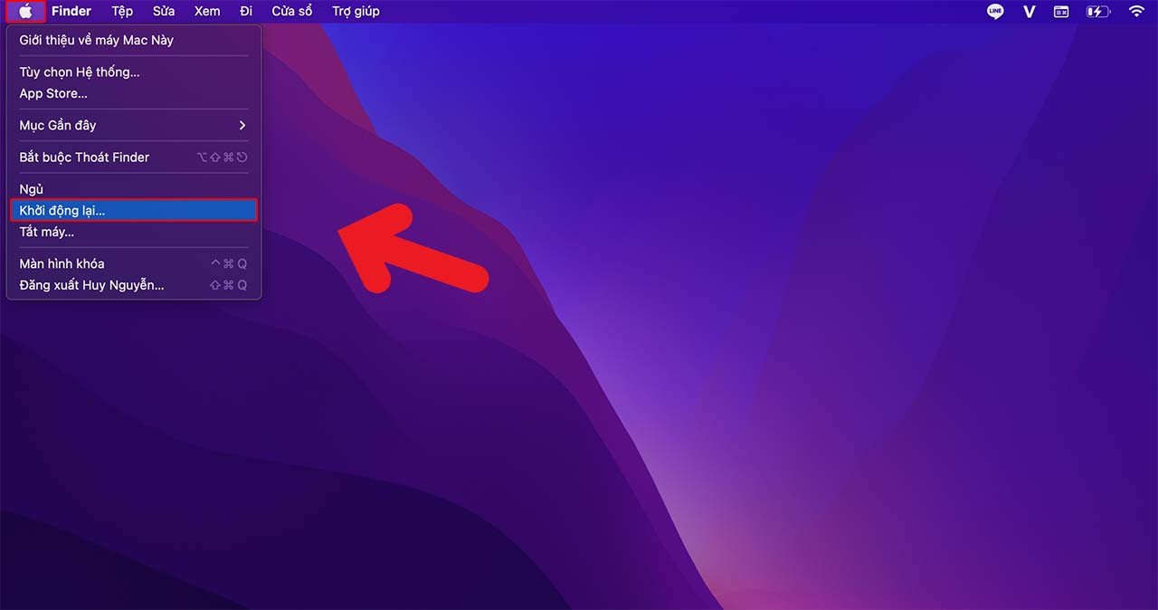 Menu Apple trên MacBook để Khởi động lại