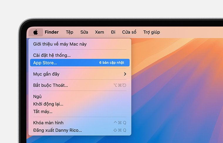 Menu Apple trên thanh công cụ macOS, minh họa cách truy cập App Store để tải ứng dụng trên MacBook.