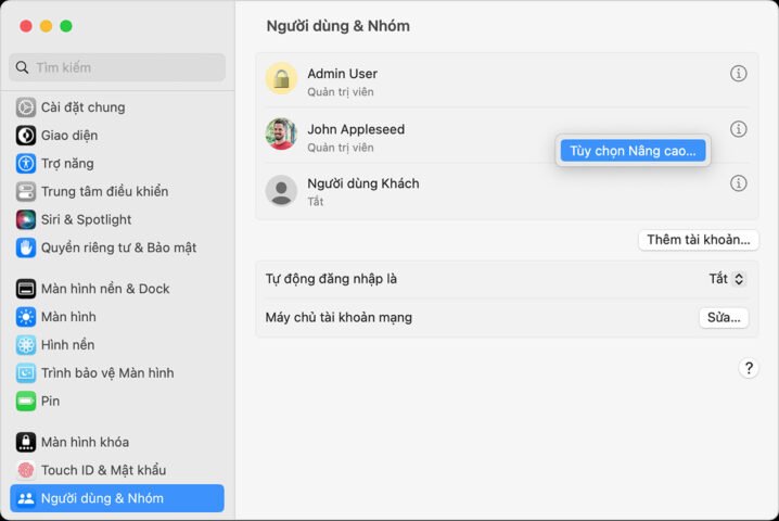 Menu Người dùng &amp; Nhóm hiển thị menu với Tùy chọn nâng cao