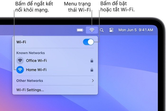 Minh họa bước ngắt kết nối Internet trước khi cài đặt phần mềm AI trên Macbook.