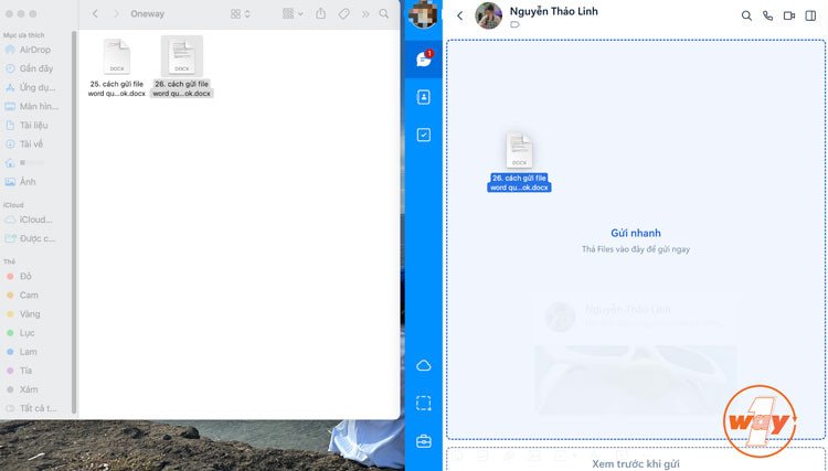 Minh họa thao tác kéo và thả tệp Word trực tiếp vào cửa sổ chat Zalo trên MacBook để gửi đi.