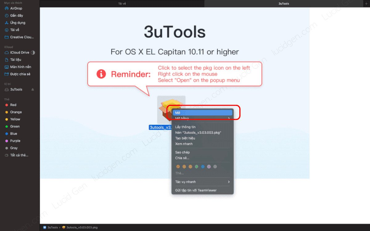 Mở file cài đặt 3uTools trên MacBook bằng cách nhấp chuột phải, một thao tác quan trọng khi cài đặt 3uTools.
