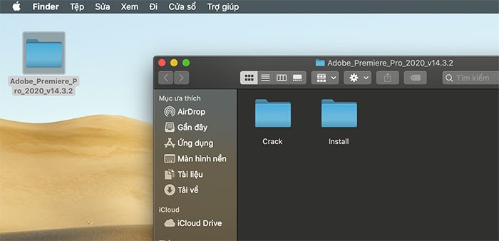 Mở thư mục cài đặt Adobe Premiere Pro trên MacBook, bao gồm file cài và crack