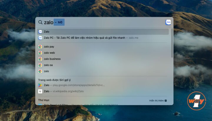 Mở Zalo trên MacBook bằng Spotlight, hình ảnh minh họa cách tìm và khởi chạy ứng dụng Zalo.