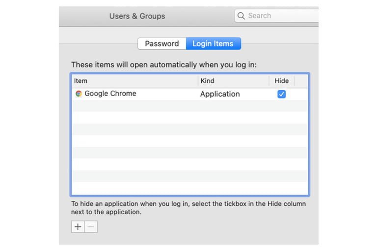 Mục Login Items trong cài đặt Người dùng &amp; Nhóm trên macOS để kiểm soát ứng dụng khởi động