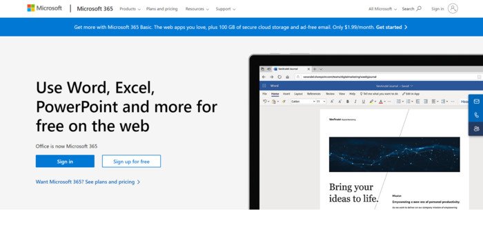 Nhấn Sign up for free để sử dụng Word Online trên MacBook