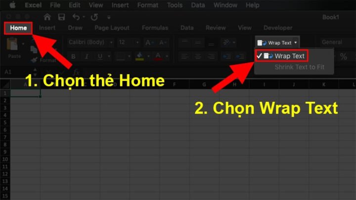 Nhấn vào Wrap Text để kích hoạt chế độ xuống dòng tự động trong Excel trên MacBook