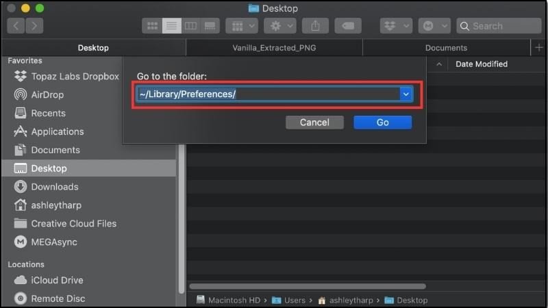 Nhập đường dẫn "~/Library/Preferences" để tìm và xóa các file cấu hình khi chuột Bluetooth không kết nối với MacBook