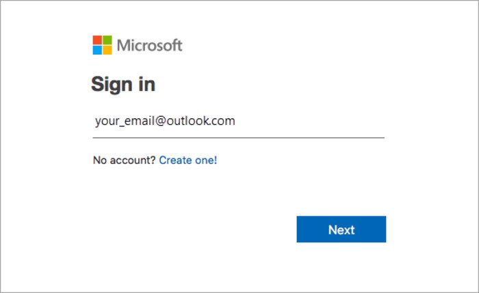 Nhập email của bạn rồi nhấn Next để đăng nhập hoặc nhấn Creat one! để tạo tài khoản mới