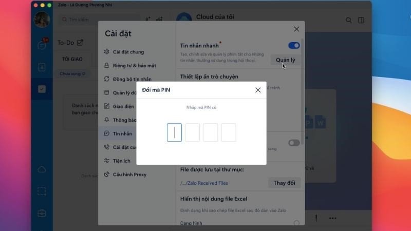 Nhập mã PIN để bảo mật cuộc trò chuyện riêng tư trên Zalo MacBook