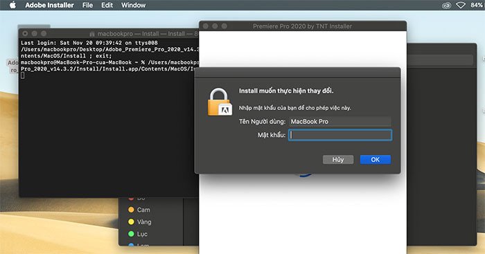 Nhập mật khẩu quản trị để cấp quyền cài đặt Adobe Premiere Pro trên MacBook