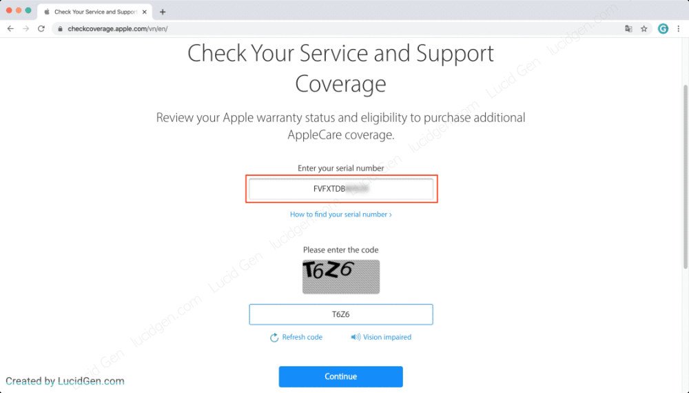 Nhập số Serial MacBook và mã Captcha để tra cứu bảo hành