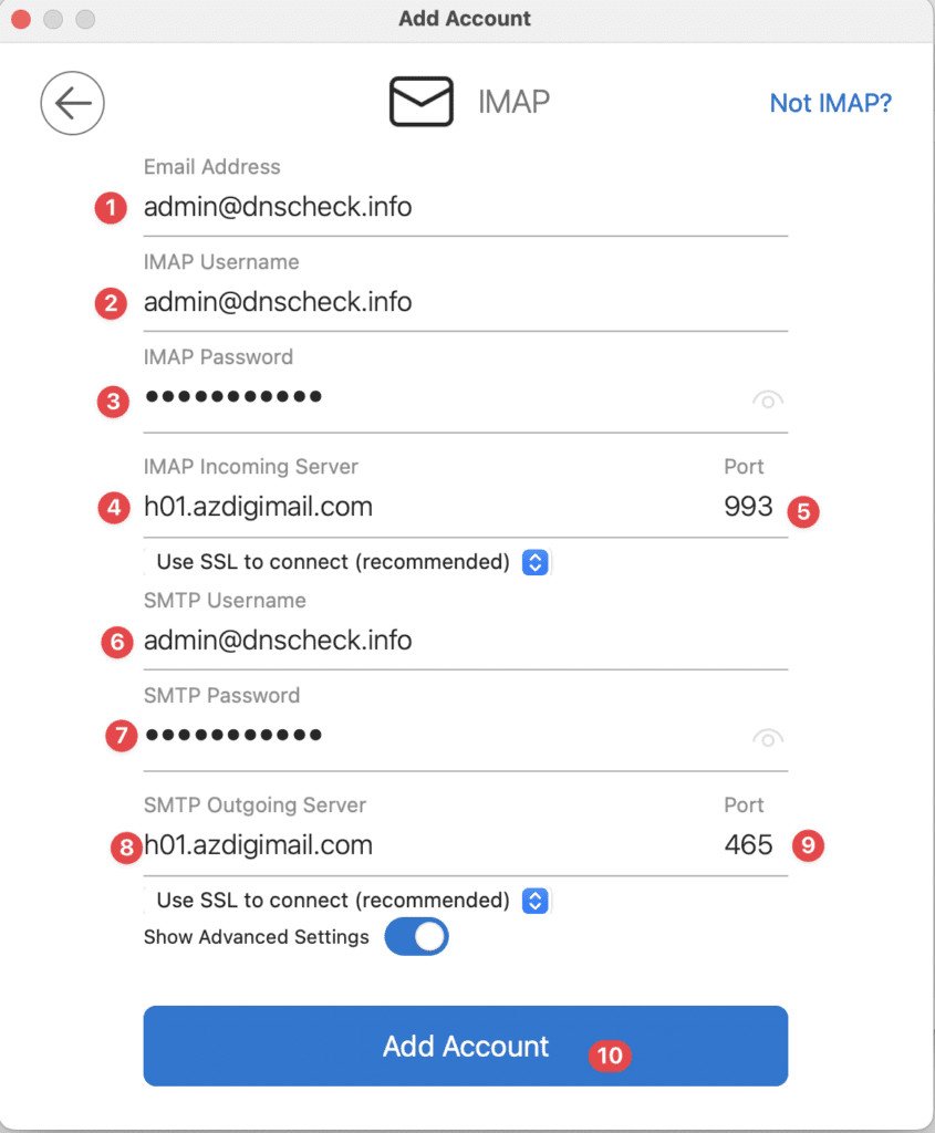 Nhập thông tin chi tiết máy chủ email IMAP trong Outlook