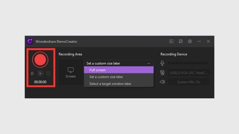 Nút Record trong Wondershare DemoCreator sẵn sàng để quay video