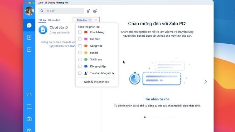 Phân loại thẻ để sắp xếp các cuộc trò chuyện Zalo trên MacBook