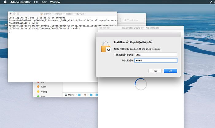 Quá trình cài đặt Adobe Illustrator đang diễn ra trên Macbook.