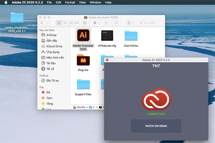 Quá trình kéo biểu tượng Adobe Illustrator vào cửa sổ Adobe Zii để kích hoạt bản quyền