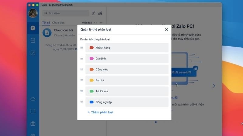 Quản lý và tùy chỉnh thẻ phân loại tin nhắn trên Zalo MacBook