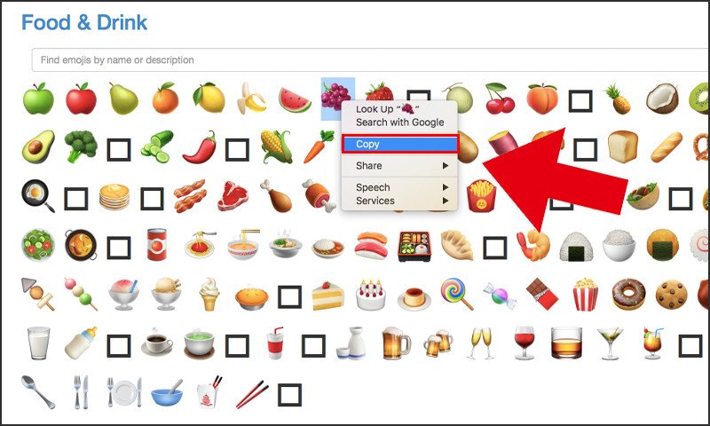 Sao chép và dán icon từ trang web getemoji.com để bấm icon trên MacBook