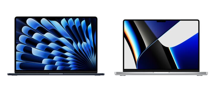So sánh MacBook Air và MacBook Pro với hai thiết bị đặt cạnh nhau, làm nổi bật sự khác biệt về kích thước và thiết kế.