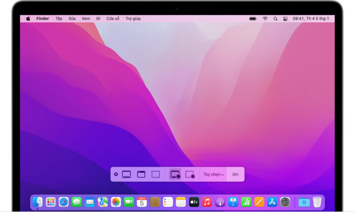 Thanh công cụ ứng dụng Ảnh chụp màn hình trên Macbook với tùy chọn ghi màn hình máy tính Macbook toàn bộ hoặc một phần.