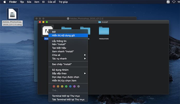 Thao tác hiển thị nội dung gói cài đặt của phần mềm Photoshop cho Macbook