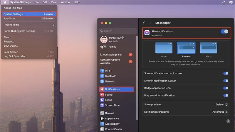 Thiết lập bật thông báo ứng dụng Messenger trên MacBook để khắc phục lỗi