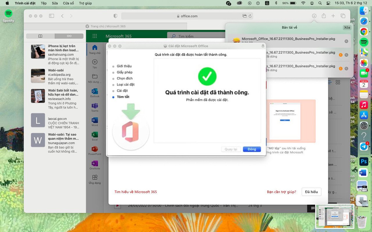 Thông báo hoàn tất quá trình cài đặt Microsoft 365 trên MacBook