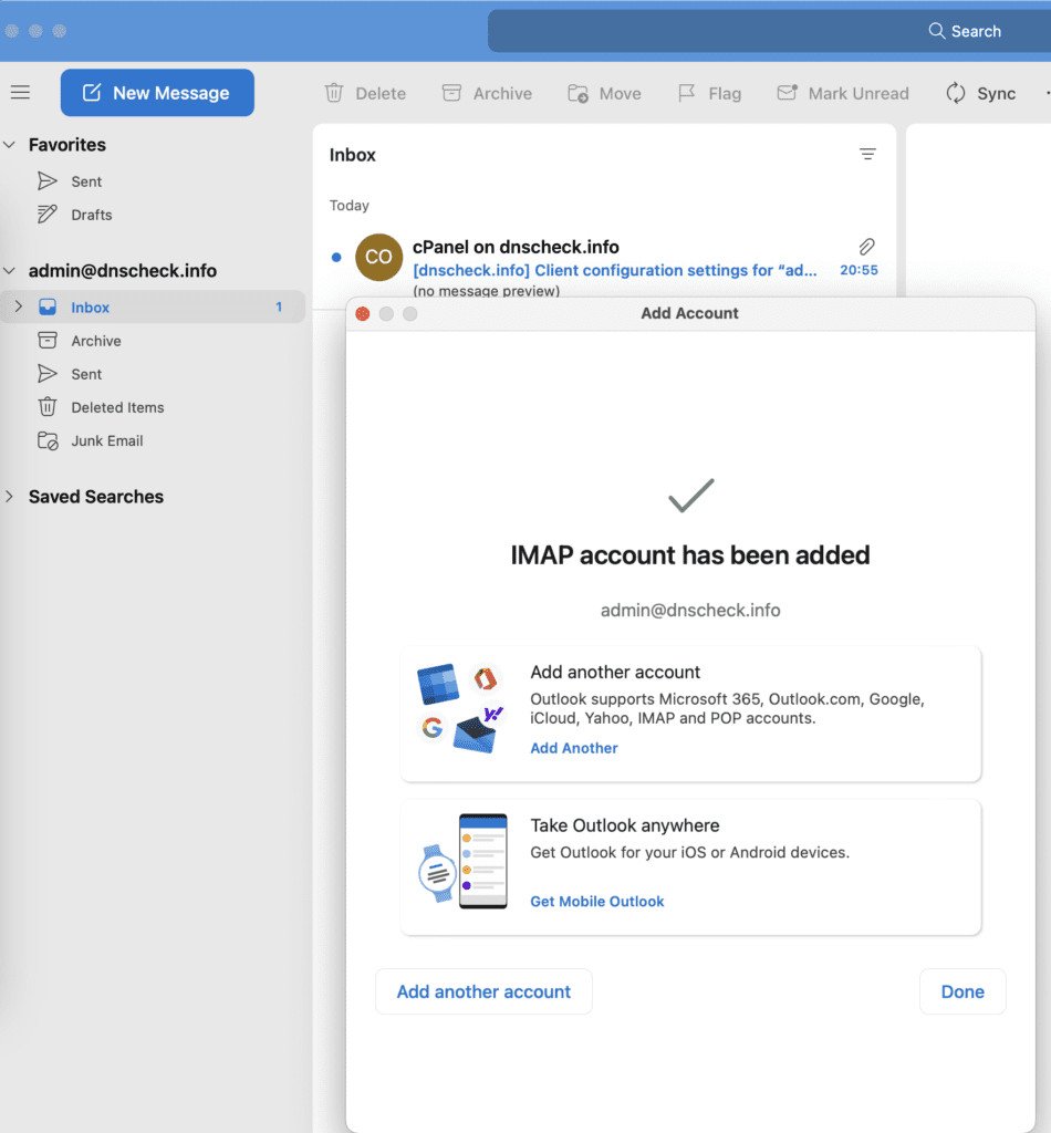 Thông báo tài khoản Outlook được thêm thành công trên Mac