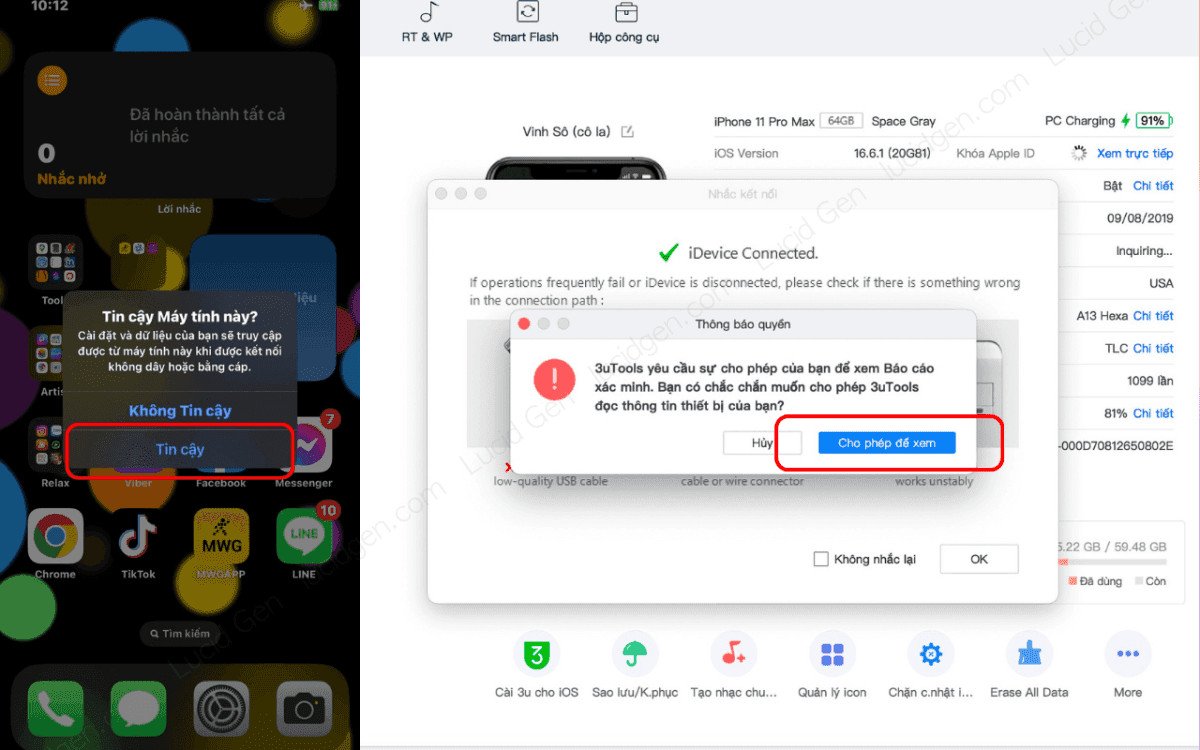 Thông báo "Tin cậy Máy tính này" trên iPhone khi kết nối với 3uTools trên MacBook, đảm bảo bảo mật dữ liệu.
