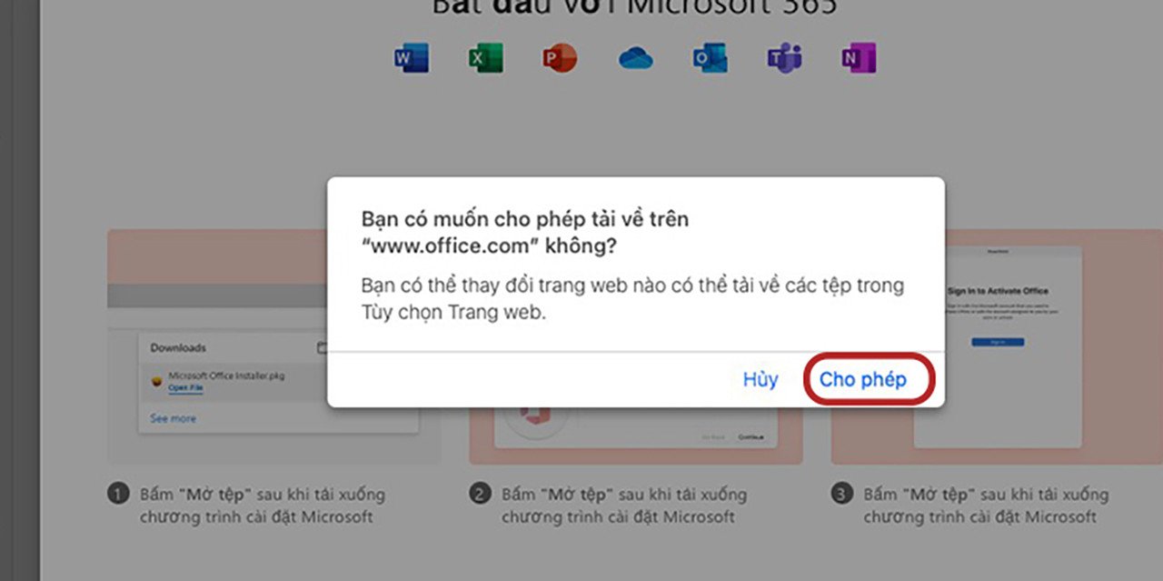 Thông báo xác nhận cho phép tải bộ cài Microsoft Office về MacBook