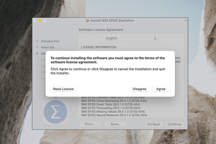 Tiếp tục chấp nhận các điều khoản để hoàn thành cài đặt SPSS trên MacBook