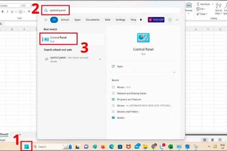 Tìm Control Panel trên thanh Taskbar của Windows để cài đặt vùng