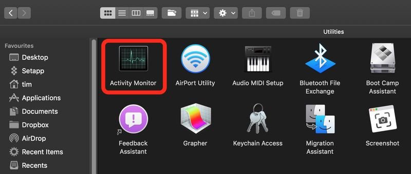 Tìm và mở ứng dụng Activity Monitor trên MacBook