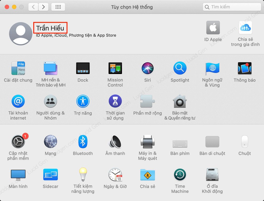 Trang cài đặt người dùng trên MacBook, hiển thị tên tài khoản cần thiết cho việc điều khiển từ xa