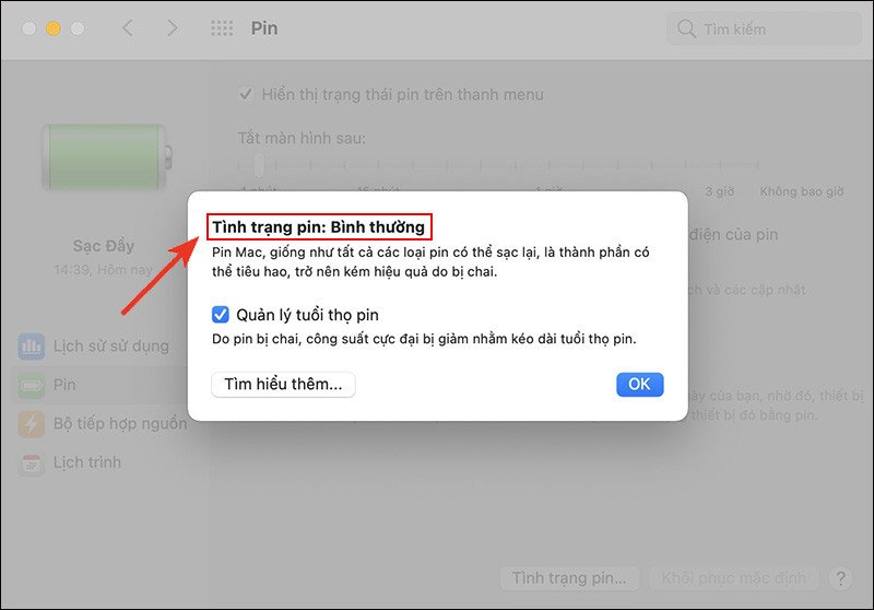 Trạng thái pin "Bình thường" cho thấy hiệu suất pin MacBook tốt