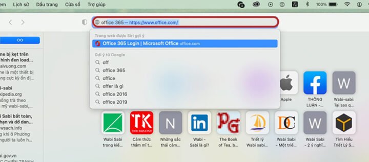 Trang web chính thức của Microsoft Office 365 trên trình duyệt Safari của MacBook