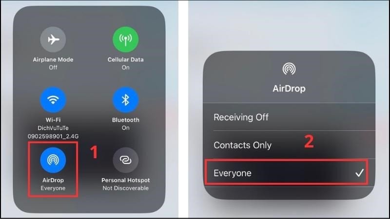 Trên iPhone, bật AirDrop và chọn chế độ Everyone để kết nối với MacBook