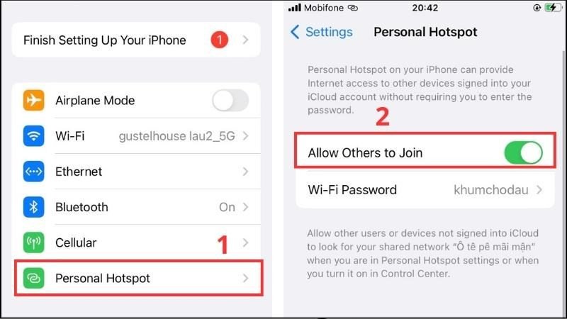 Trên iPhone, bật Điểm truy cập cá nhân để chia sẻ mạng với MacBook