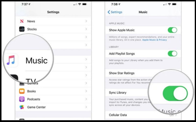 Trên iPhone, bật Đồng bộ Thư viện trong cài đặt Nhạc