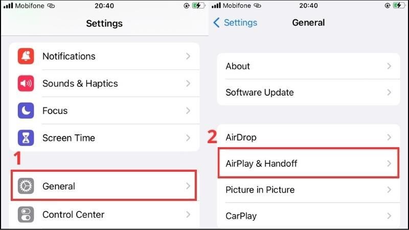 Trên iPhone, bật tính năng Handoff trong phần Cài đặt chung