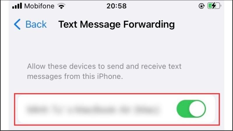 Trên iPhone, chọn MacBook để chuyển tiếp tin nhắn SMS
