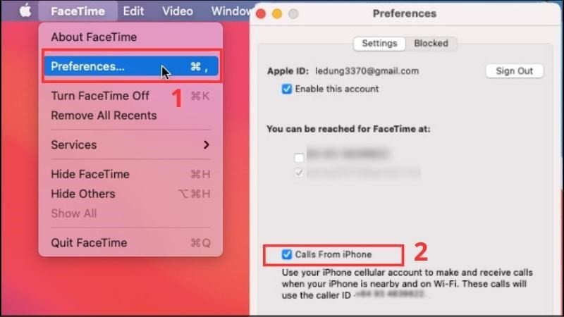 Trên MacBook, bật cuộc gọi từ iPhone trong cài đặt FaceTime