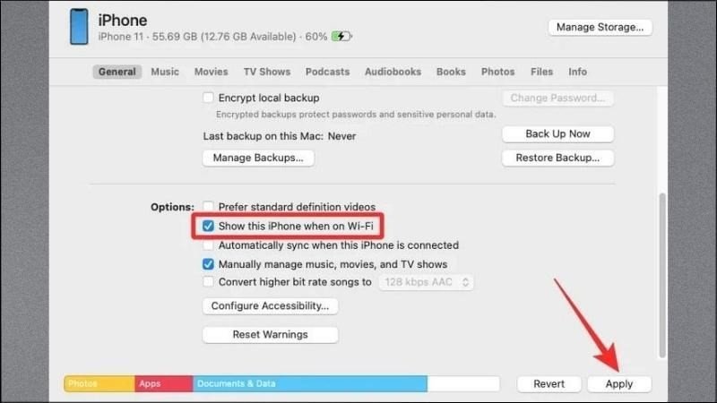 Trong Finder, chọn tùy chọn để iPhone hiển thị khi có Wi-Fi